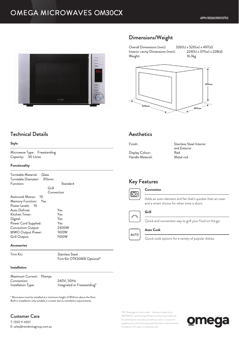 Page n°1 - Fiche technique Omega OMW34X
