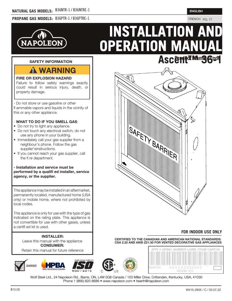 Page 1 de la notice Manuel utilisateur Napoleon Ascent 36