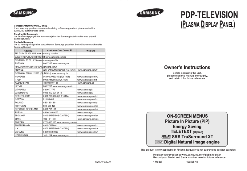 Page n°1 - Manuel utilisateur Samsung PS-42C96HC