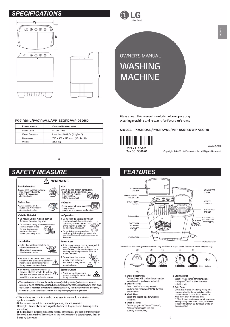 Page n°1 - Manuel utilisateur LG WP-850RD