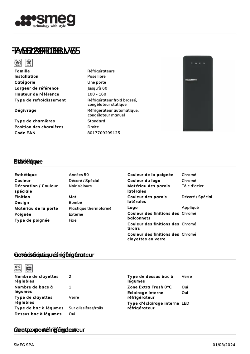 Page 1 de la notice Fiche technique Smeg FAB28RDBLV5