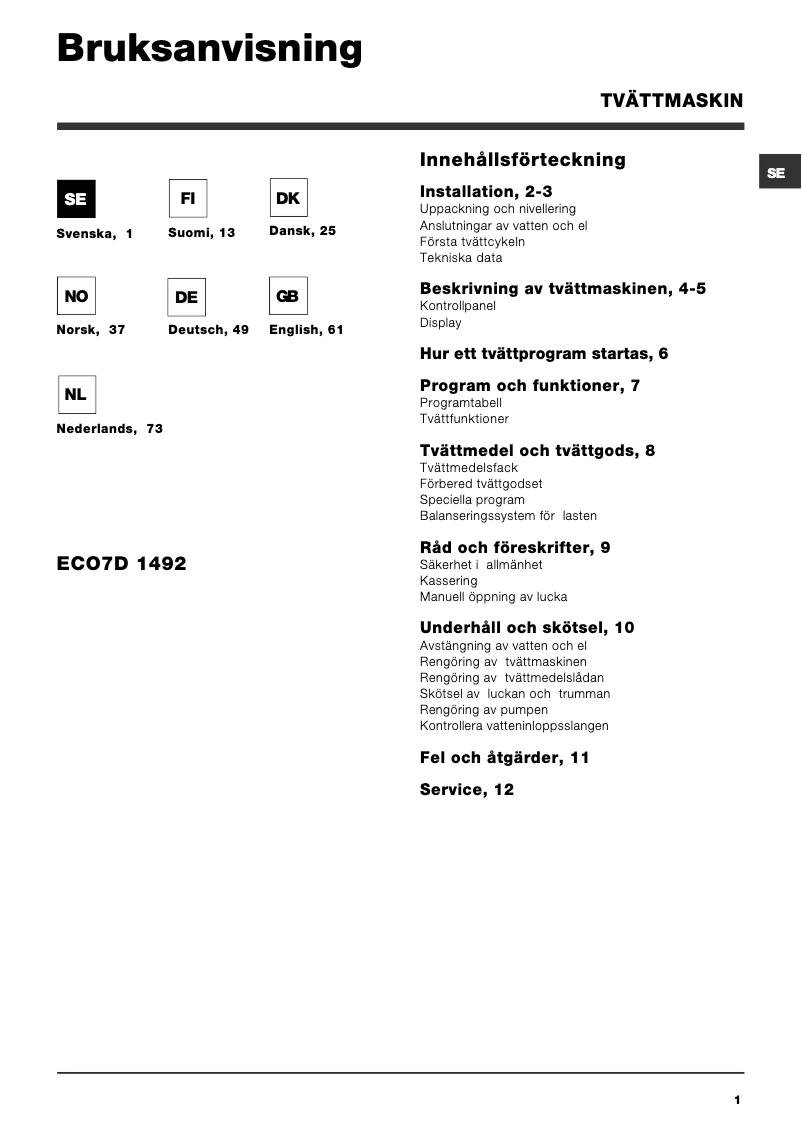 Page 1 de la notice Manuel utilisateur Hotpoint Ariston ECO7D 1492