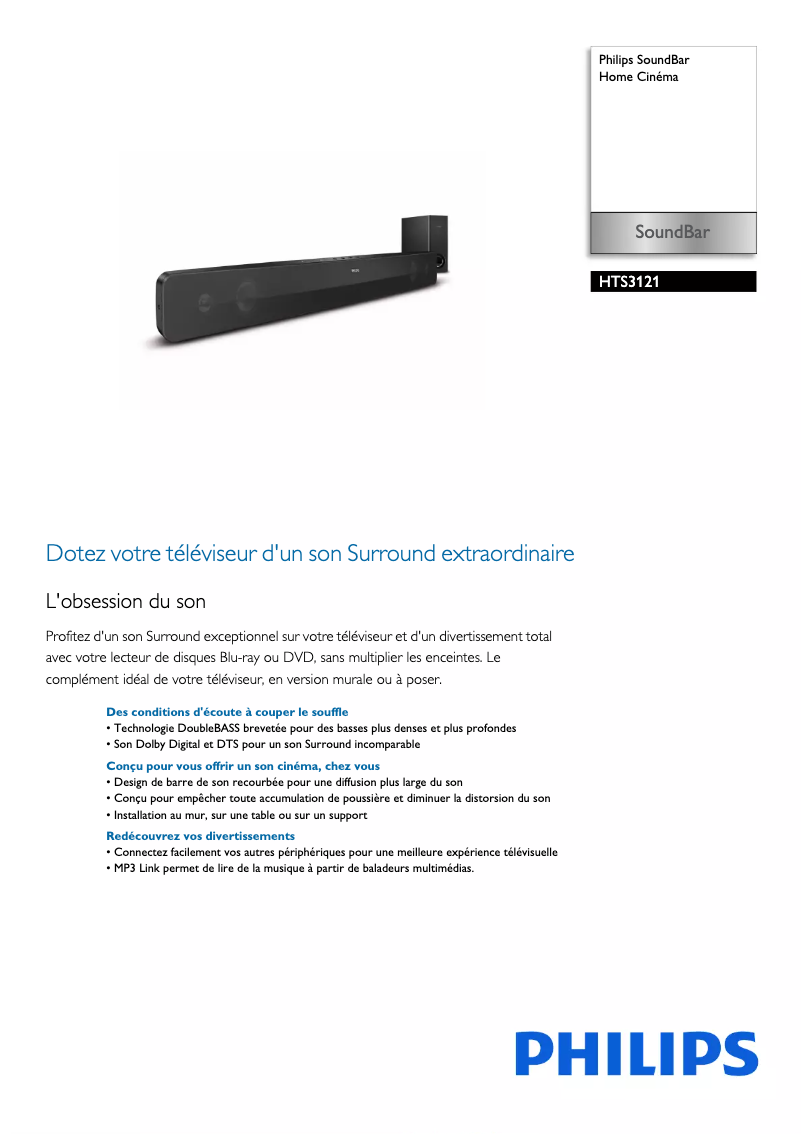 Page 1 de la notice Fiche technique Philips HTS3121