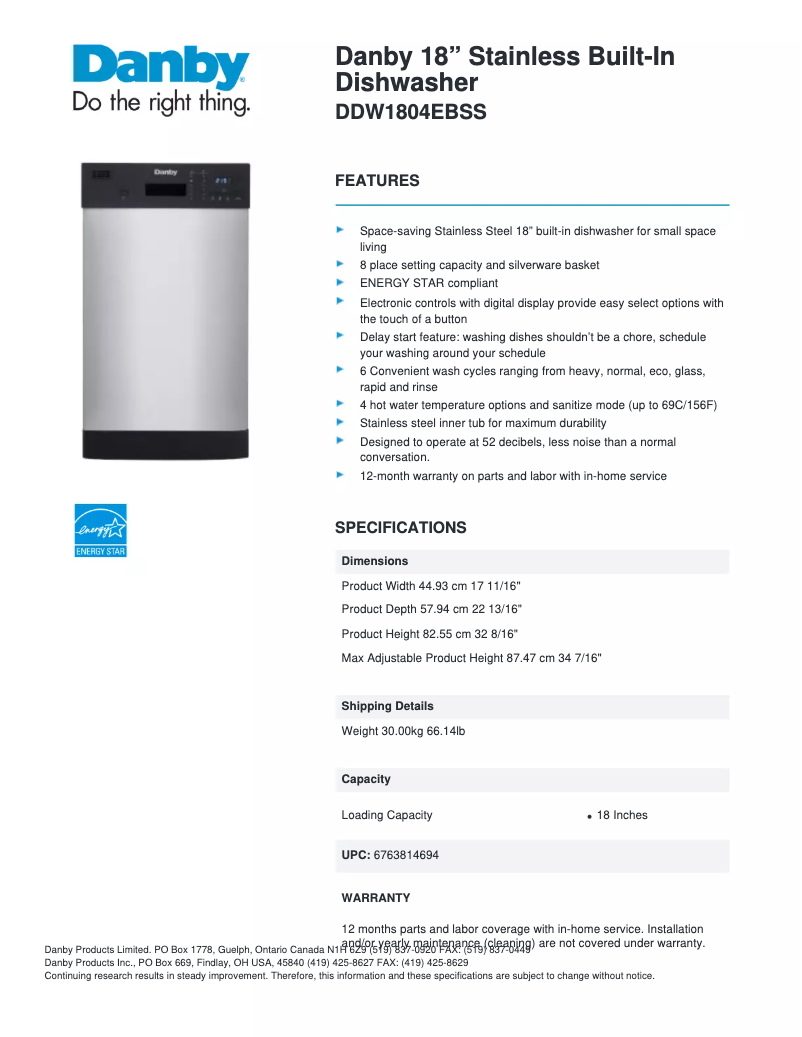Page 1 de la notice Fiche technique Danby DDW1804EBSS