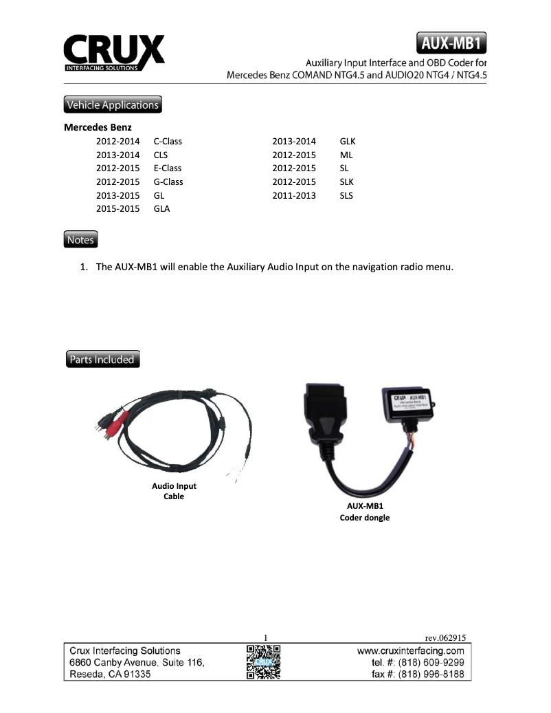 Page n°1 - Manuel utilisateur CRUX AUX-MB1