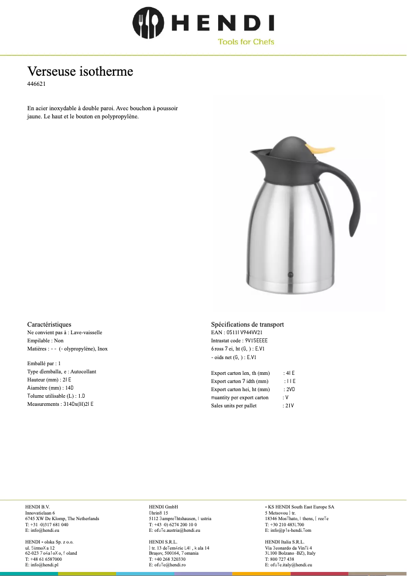 Page 1 de la notice Fiche technique Hendi 446522