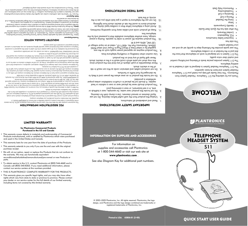 Page 1 de la notice Mode d'emploi Plantronics S11