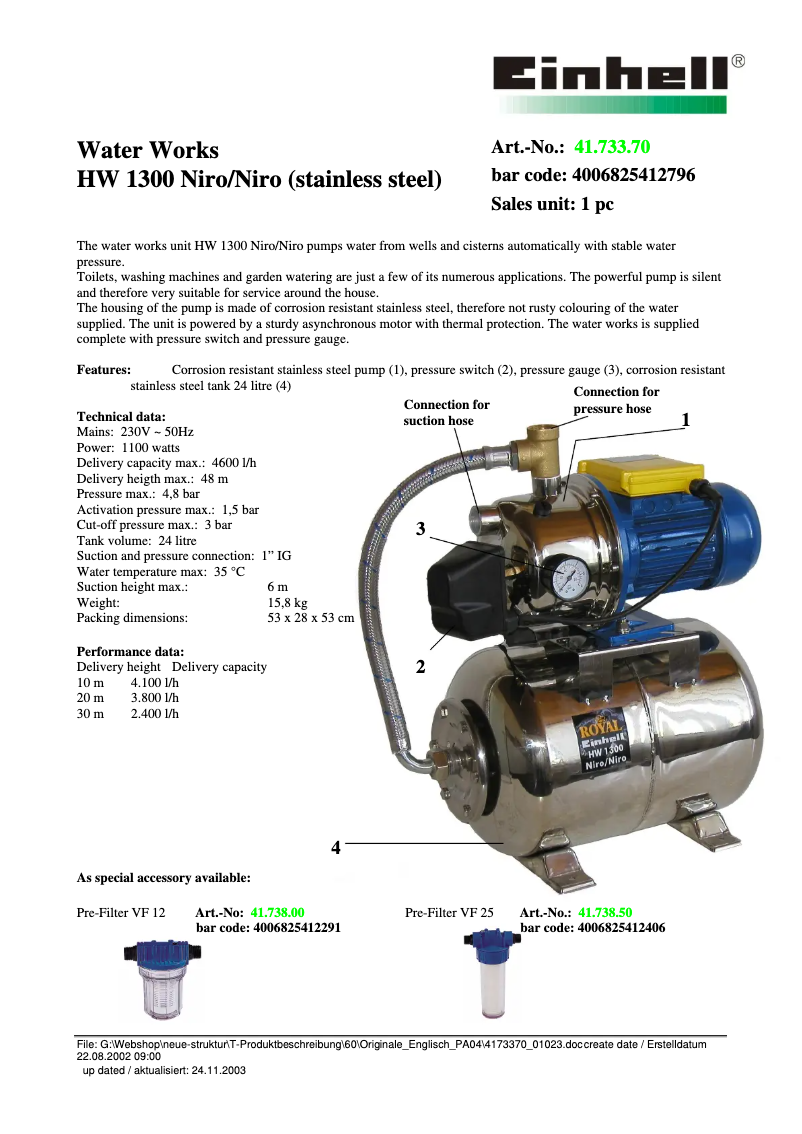 Página 1 del manual Ficha técnica Einhell Royal HW 1300 Niro/Niro