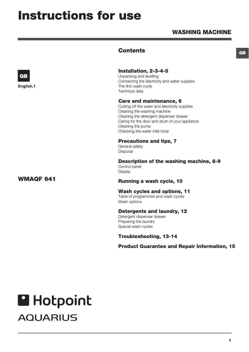 Page n°1 - Manuel utilisateur Hotpoint WMAQF 641 P UK.M