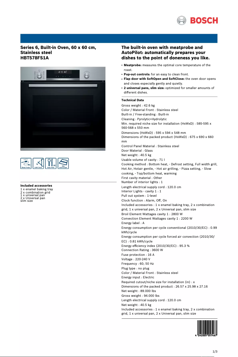 Page 1 de la notice Fiche technique Bosch HBT578FS1A
