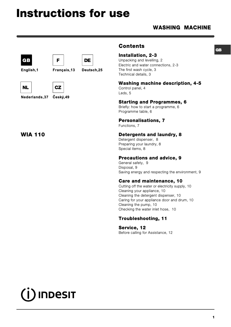 Page 1 de la notice Manuel utilisateur Indesit WIA 110 (EU)