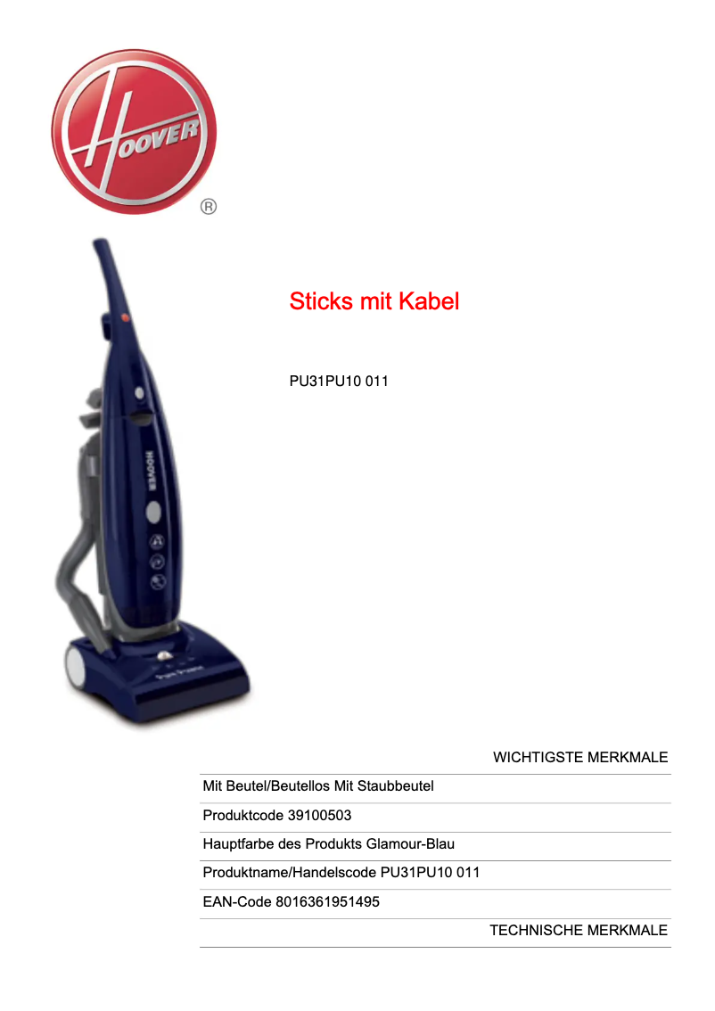 Page 1 de la notice Fiche technique Hoover Pure Power PU31PU10 011