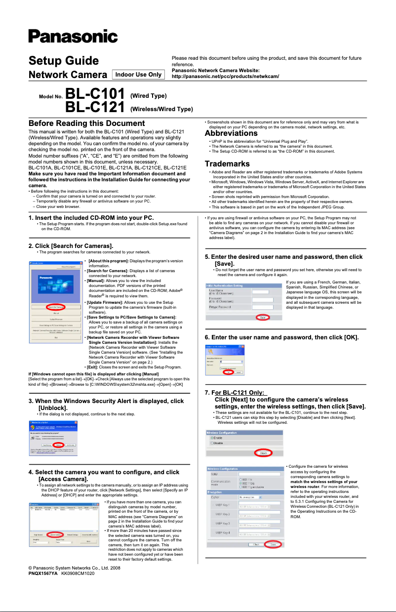Page 1 de la notice Manuel utilisateur Panasonic BL-C101
