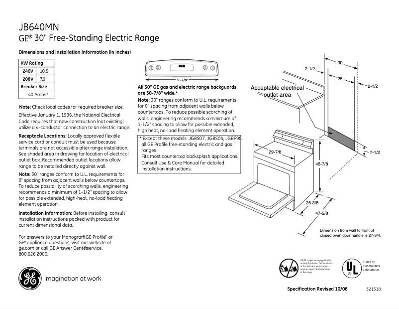 Page 1 of the manual Technical Sheet GE JB640MNBS
