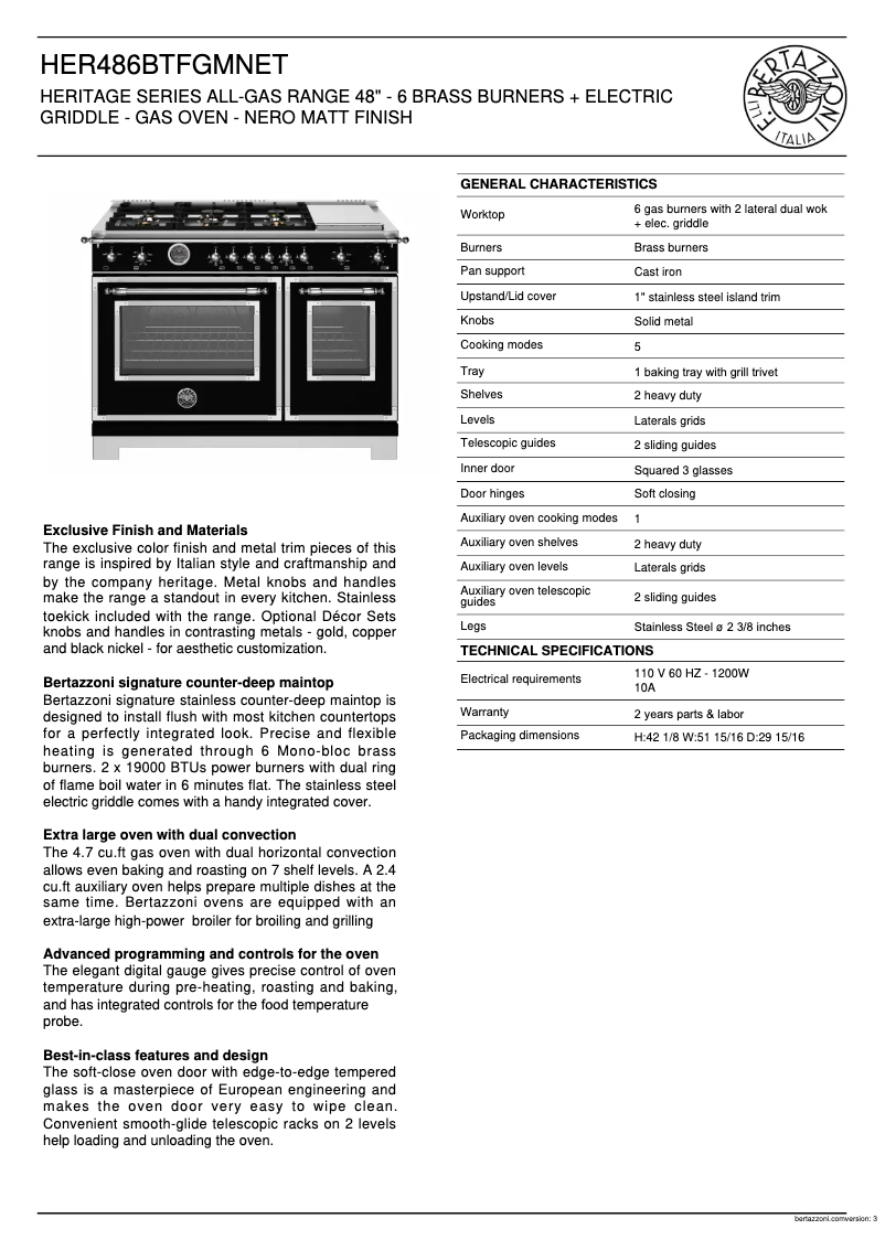 Page 1 de la notice Fiche technique Bertazzoni HER486BTFGMNET