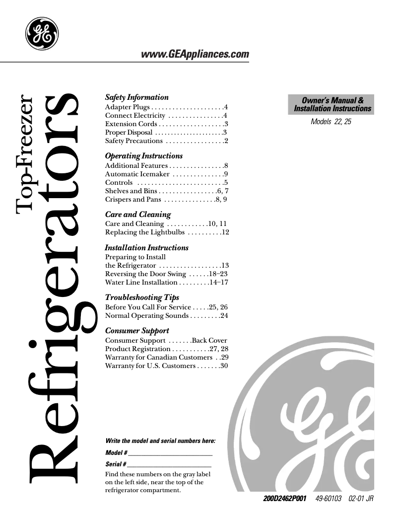 Page 1 de la notice Manuel d'utilisation et d'entretien GE GTS22QBMBB