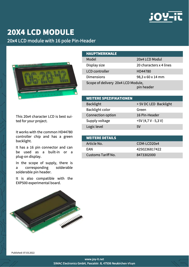 Page 1 de la notice Fiche technique Joy-It COM-LCD20x4
