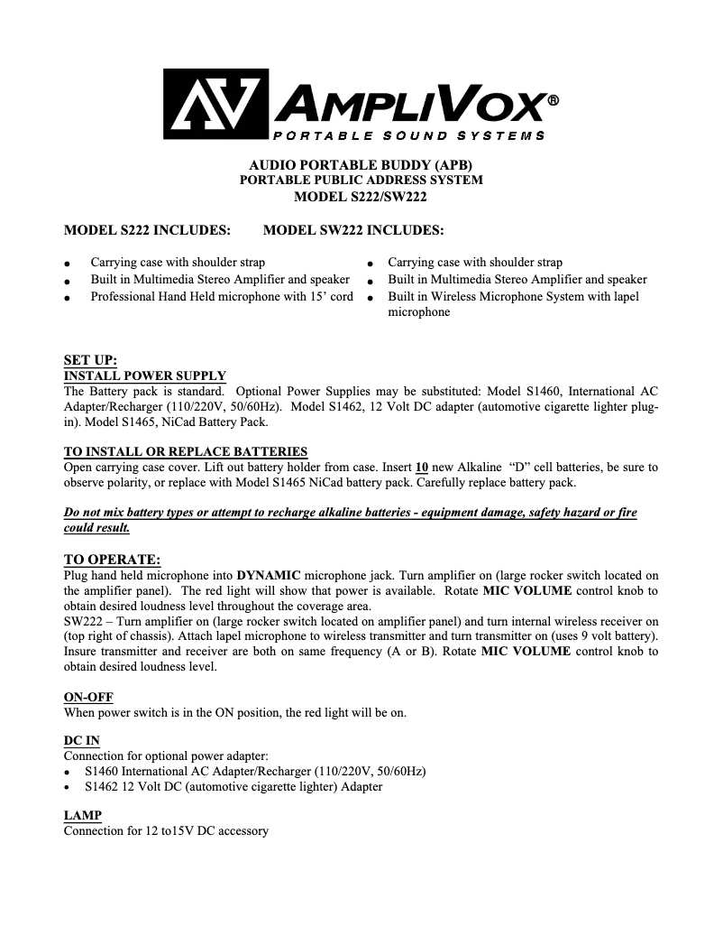Page n°1 - Manuel utilisateur AmpliVox S222