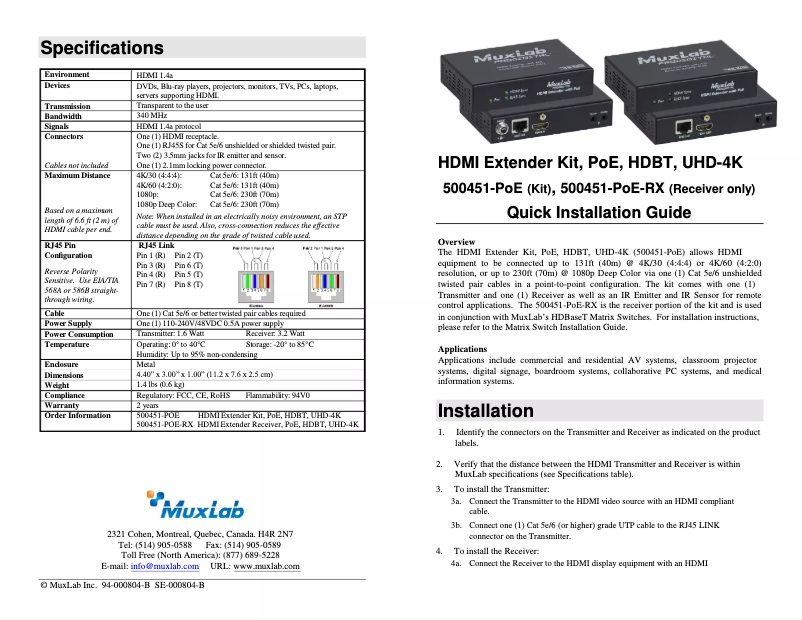 Page 1 de la notice Manuel utilisateur MuxLab 500451