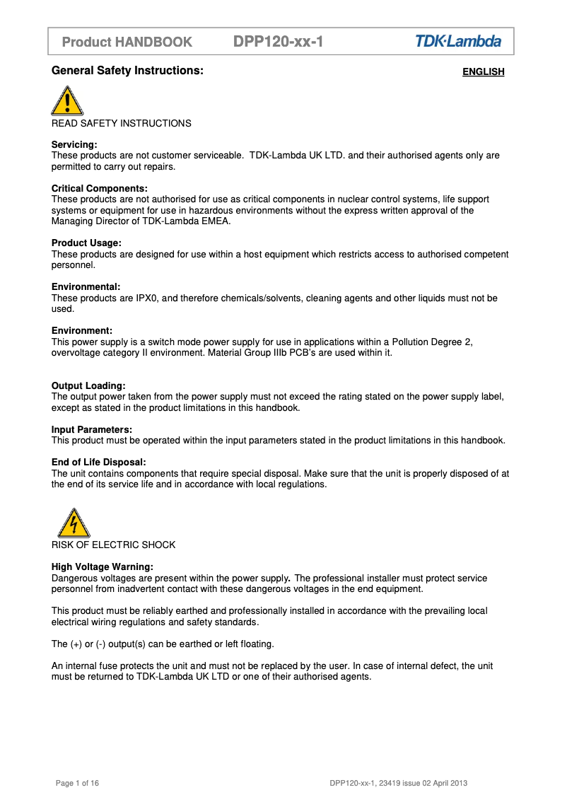 Page n°1 - Manuel utilisateur TDK-Lambda DPP120-48-1
