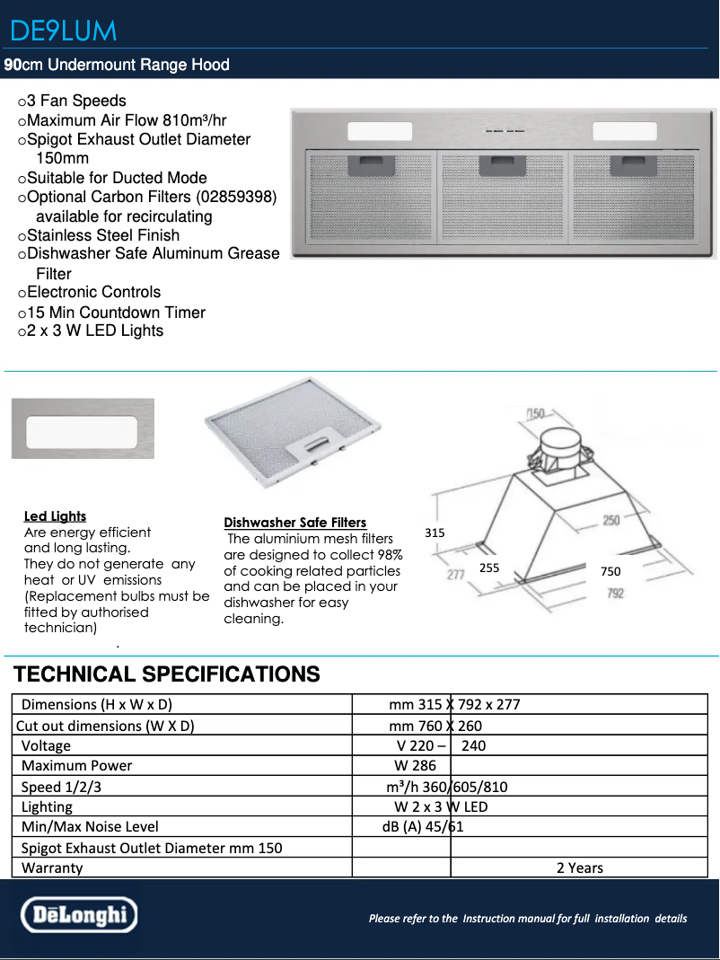 Page 1 de la notice Fiche technique DeLonghi DE9LUM