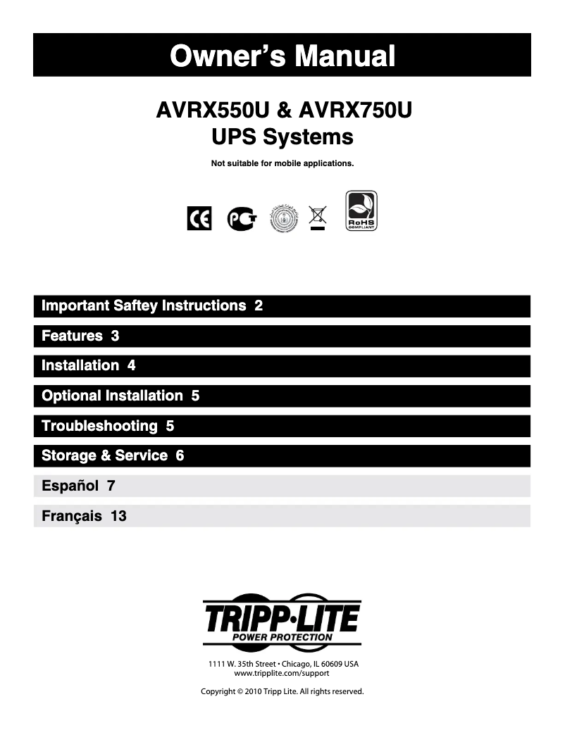 Page n°1 - Manuel utilisateur Tripp Lite AVRX750U