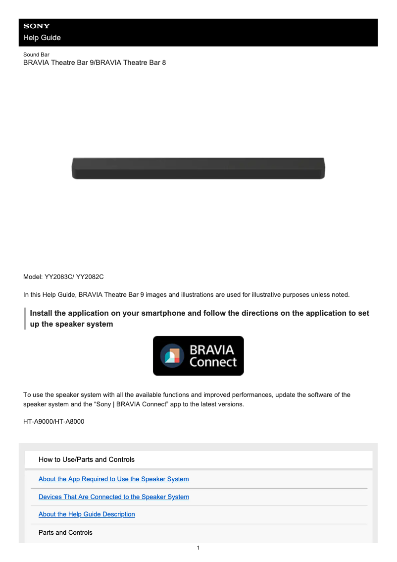 Page 1 de la notice Manuel utilisateur Sony BRAVIA Theater Bar 9