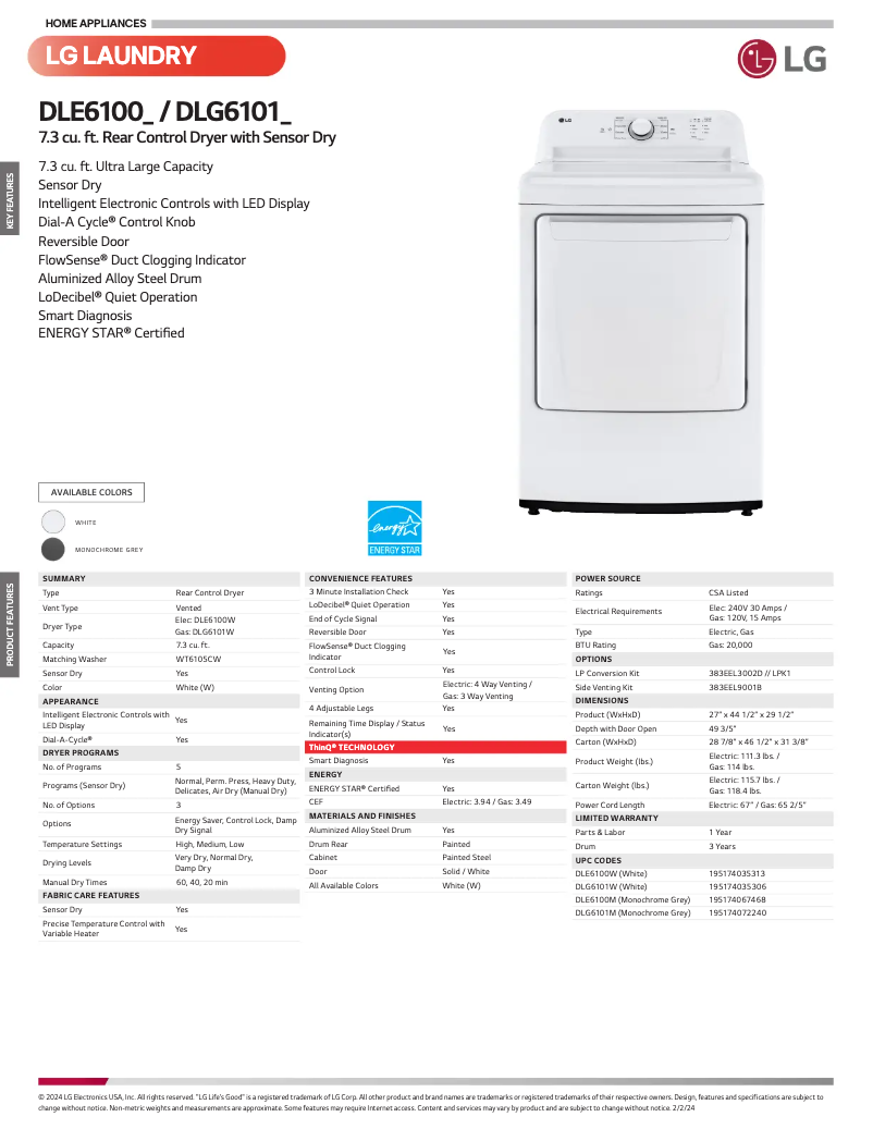 Página 1 del manual Ficha técnica LG DLE6100M