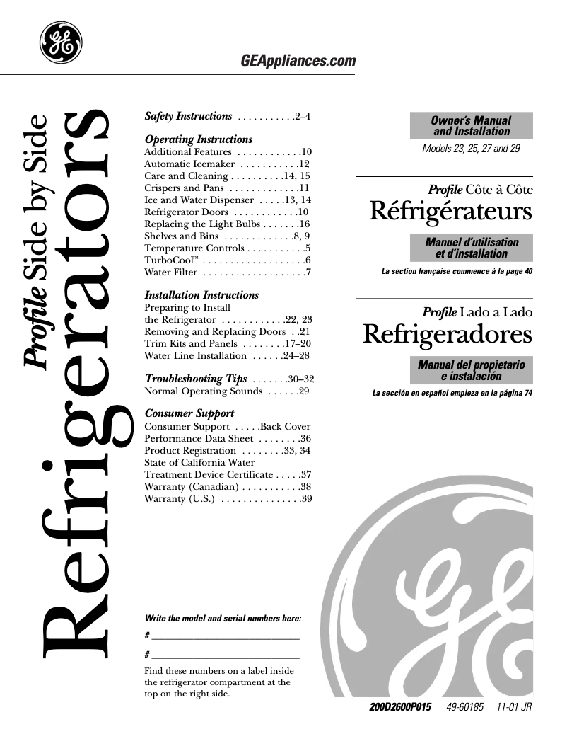 Page 1 de la notice Manuel d'utilisation et d'entretien GE PSS25MGNWW