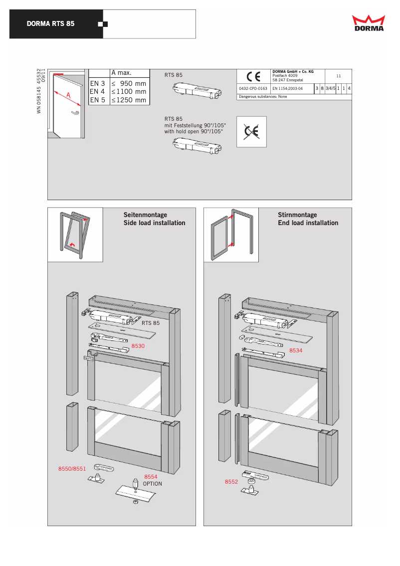 Page n°1 - Manuel utilisateur Dorma RTS 85