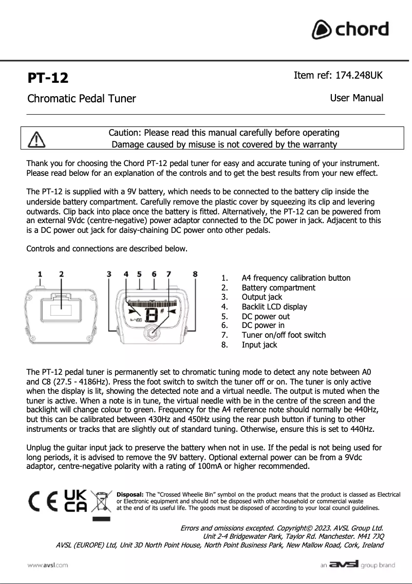 Page 1 de la notice Manuel utilisateur Chord PT-12