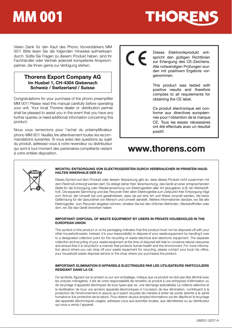 Page 1 de la notice Manuel utilisateur Thorens MM 001