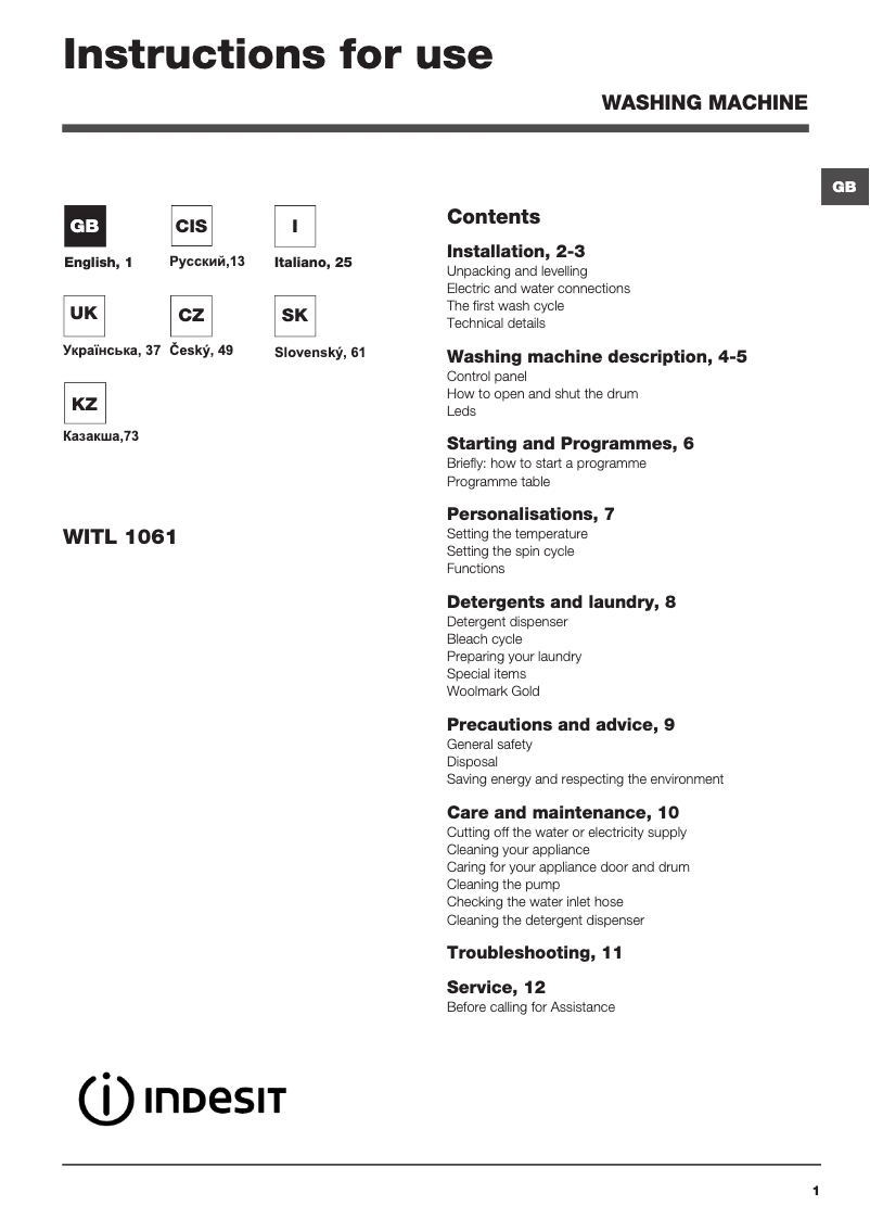 Page n°1 - Manuel utilisateur Indesit WITL 1061