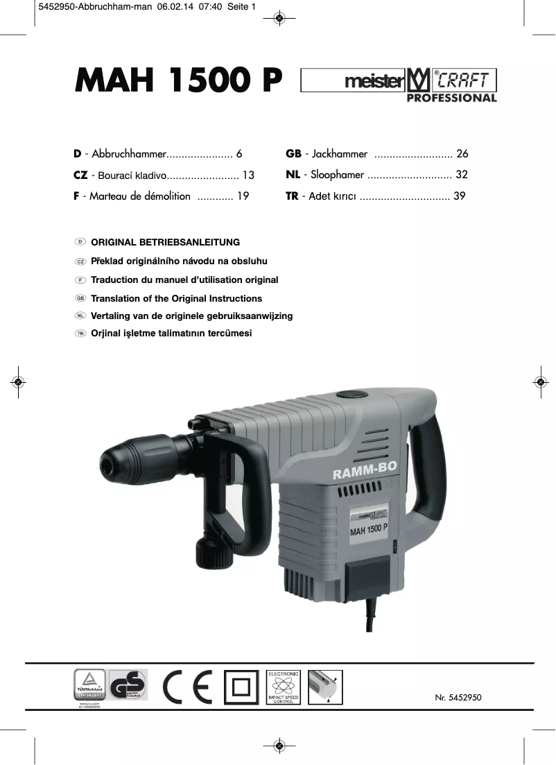 Page 1 de la notice Manuel utilisateur Meister Craft MAH 1500 P