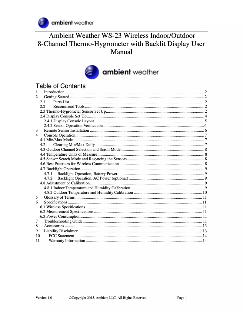 Image de la première page du manuel de l'appareil WS-23