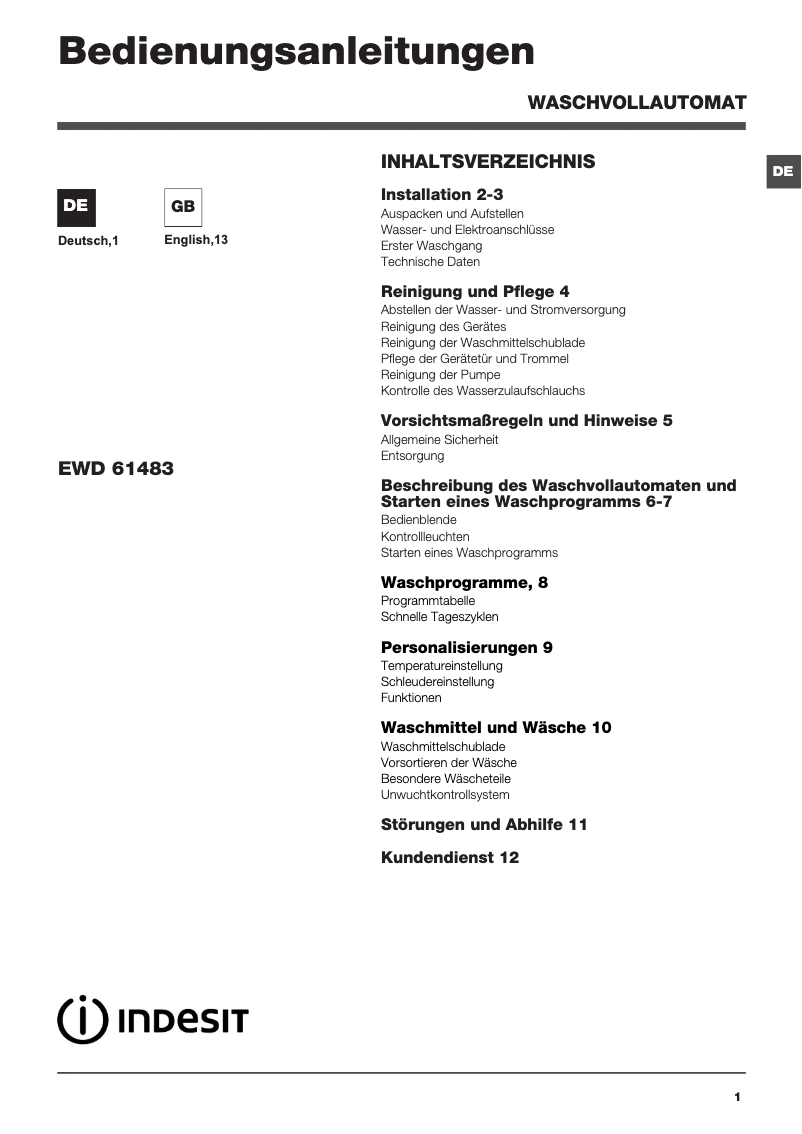 Page 1 de la notice Manuel utilisateur Indesit EWD 61483 W DE