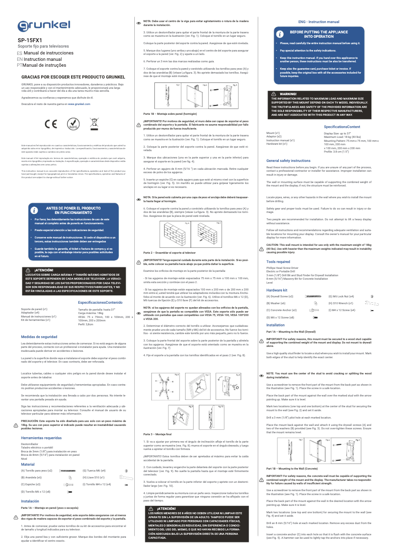 Page 1 de la notice Manuel utilisateur Grunkel SP-15FX1