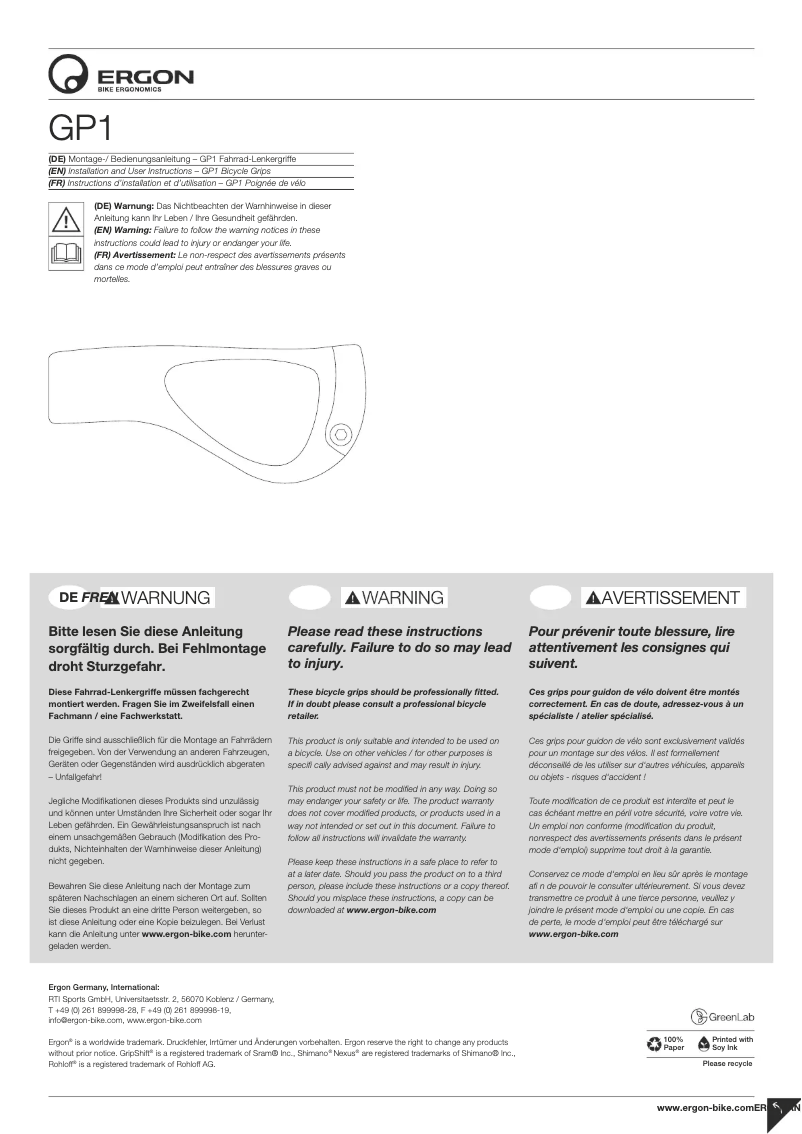Page 1 de la notice Manuel utilisateur Ergon GP1 BioKork