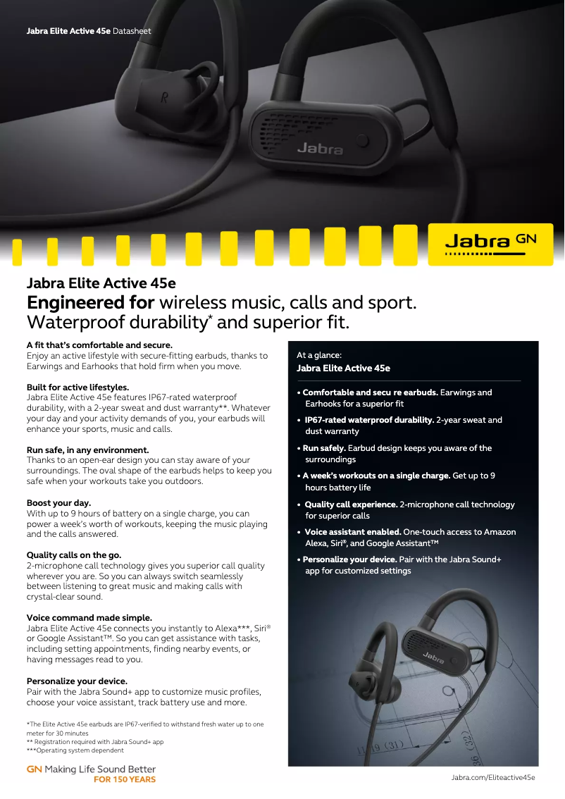 Page 1 de la notice Fiche technique Jabra Elite Active 45e