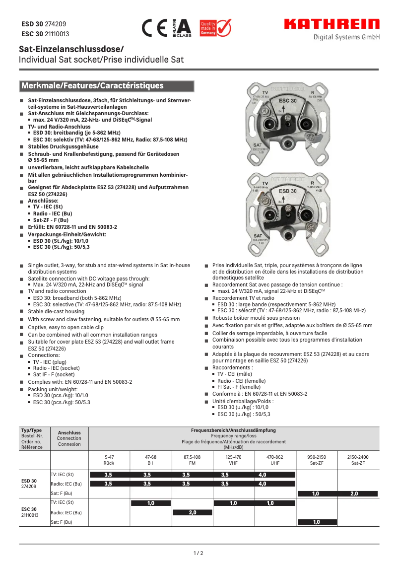 Page 1 de la notice Manuel utilisateur Kathrein ESC 30