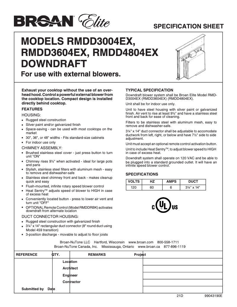 Page n°1 - Fiche technique Broan RMDD3004EX