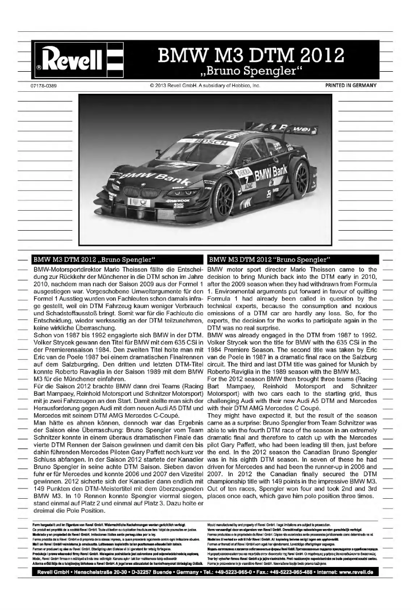 Page 1 de la notice Manuel utilisateur Revell BMW M3 DTM 2012 Bruno Spengler