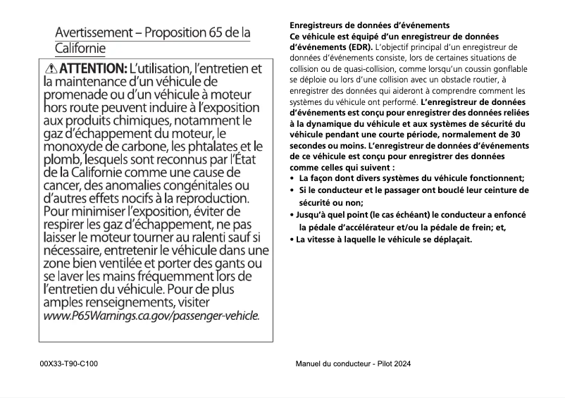 Page 1 de la notice Manuel utilisateur Honda Pilot (2024)