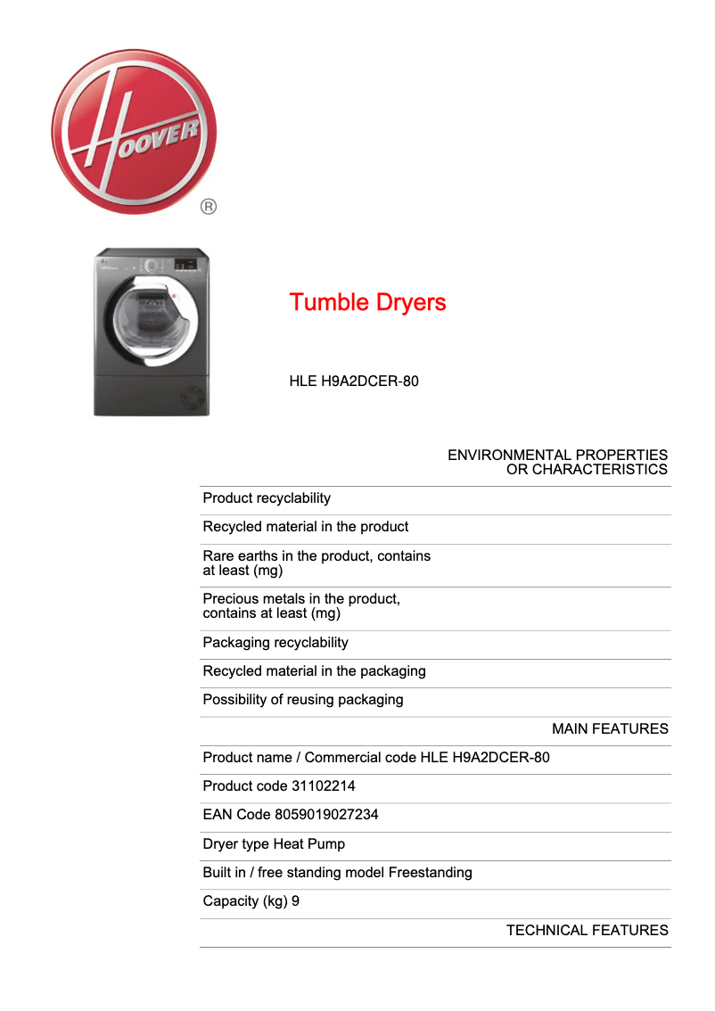 Page 1 de la notice Fiche technique Hoover HLE H9A2DCER-80