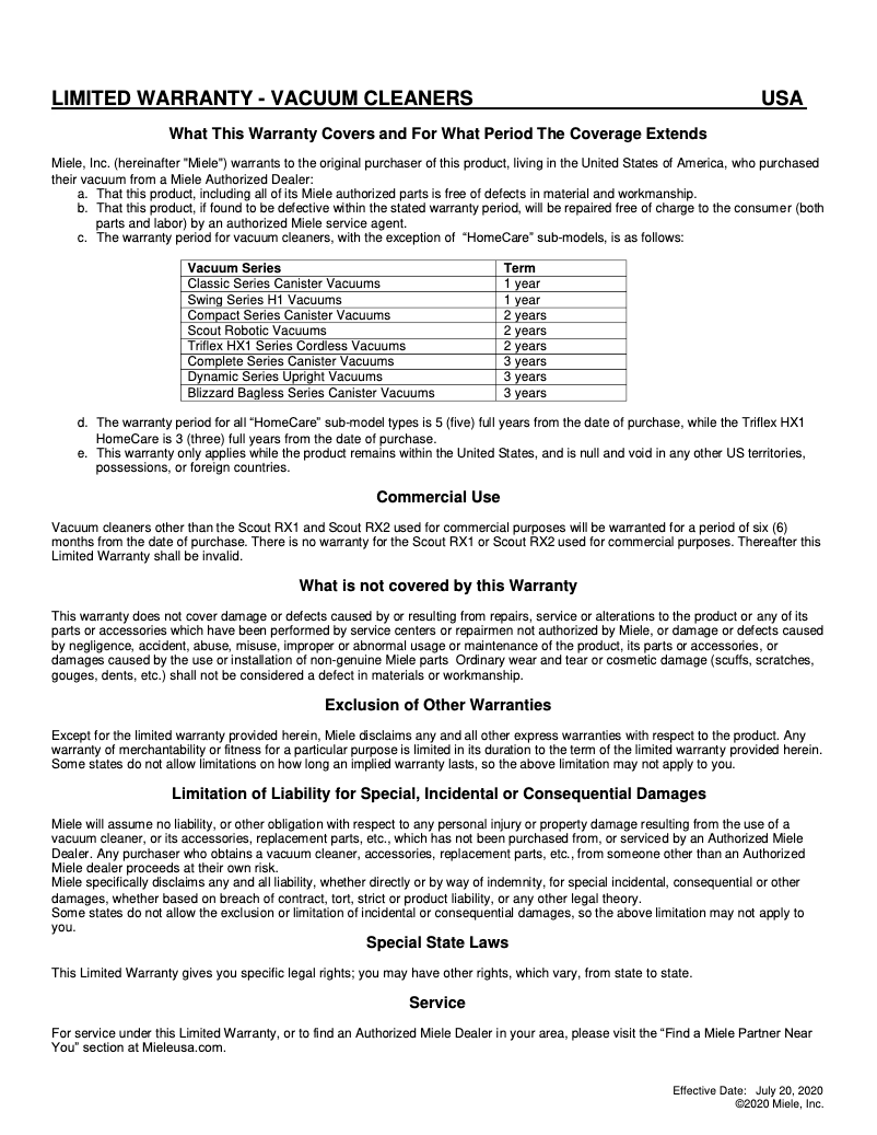 Page 1 de la notice Informations de garantie Miele Blizzard CX1 PureSuction PowerLine
