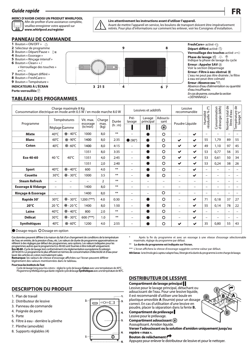 Page 1 de la notice Manuel d'utilisation et d'entretien Whirlpool FFBBE 8458 WEV