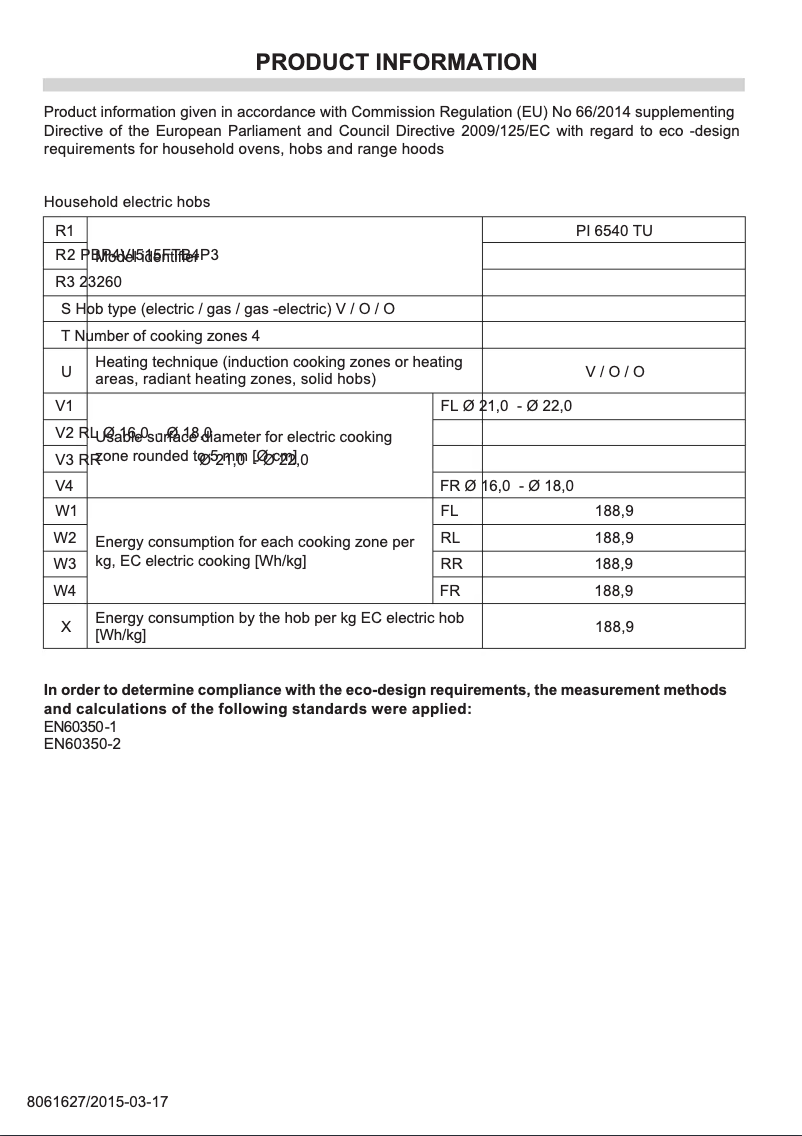 Page n°1 - Fiche technique Amica PI6540TU