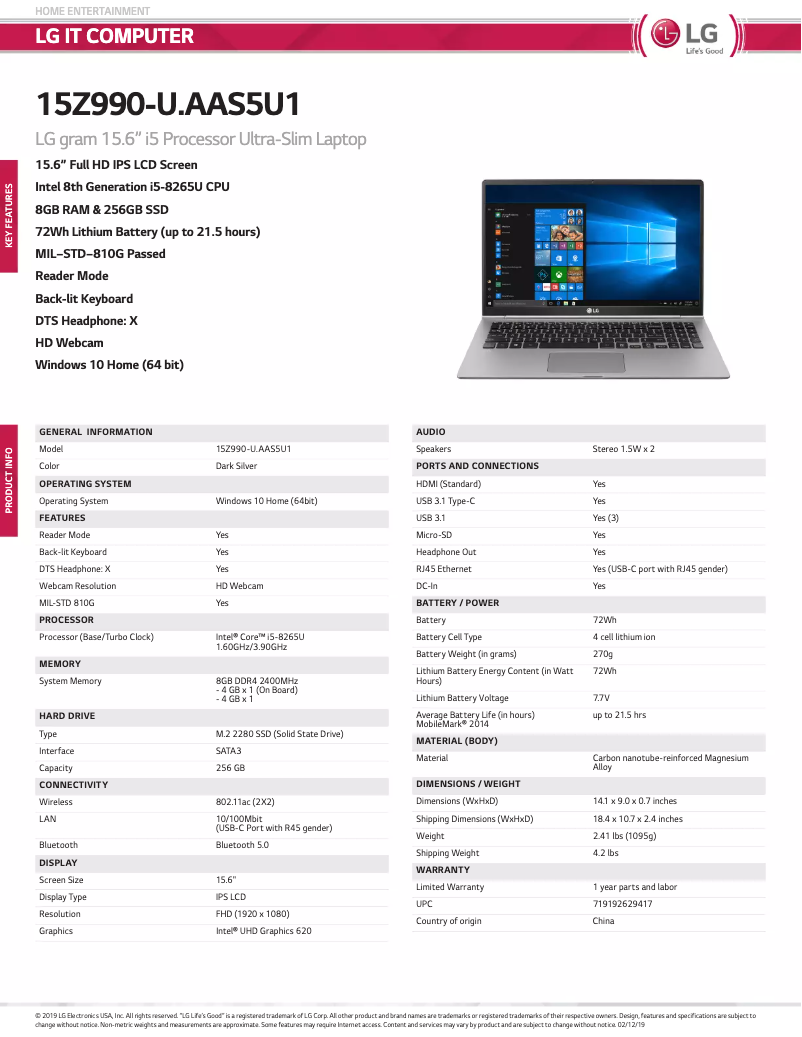Page 1 de la notice Manuel utilisateur LG 15Z990-U.AAS5U1
