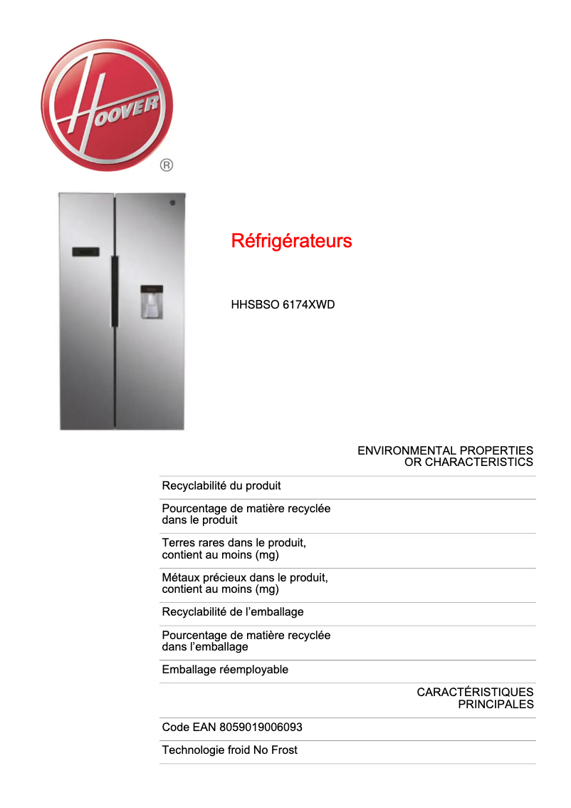 Page n°1 - Fiche technique Hoover H-FRIDGE 500 Maxi HHSBSO 6174XWD