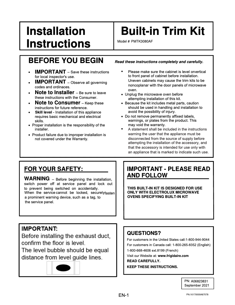 Page 1 de la notice Guide d'installation Frigidaire PMBS3080AF
